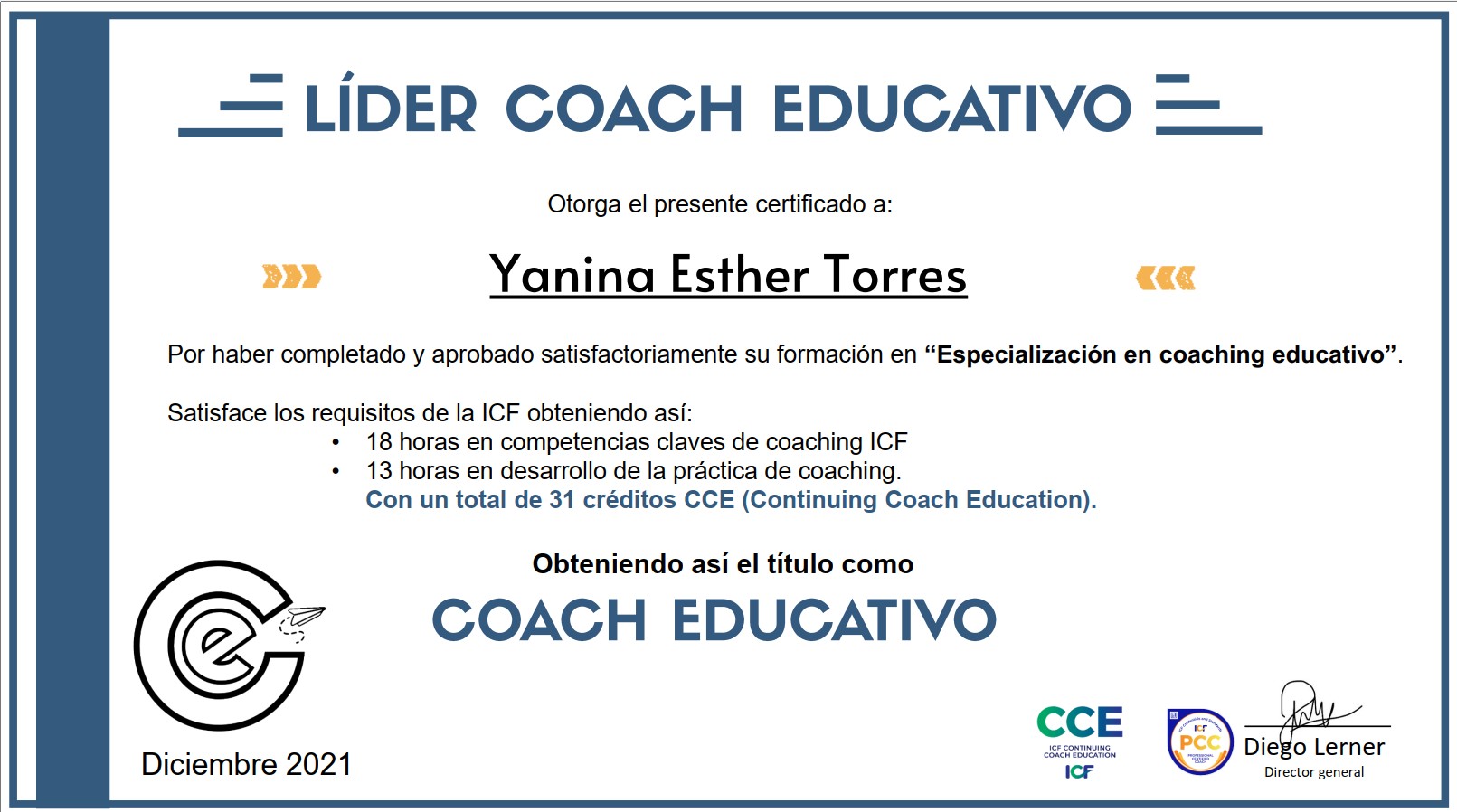 Certificado Coaching Educativo ICF